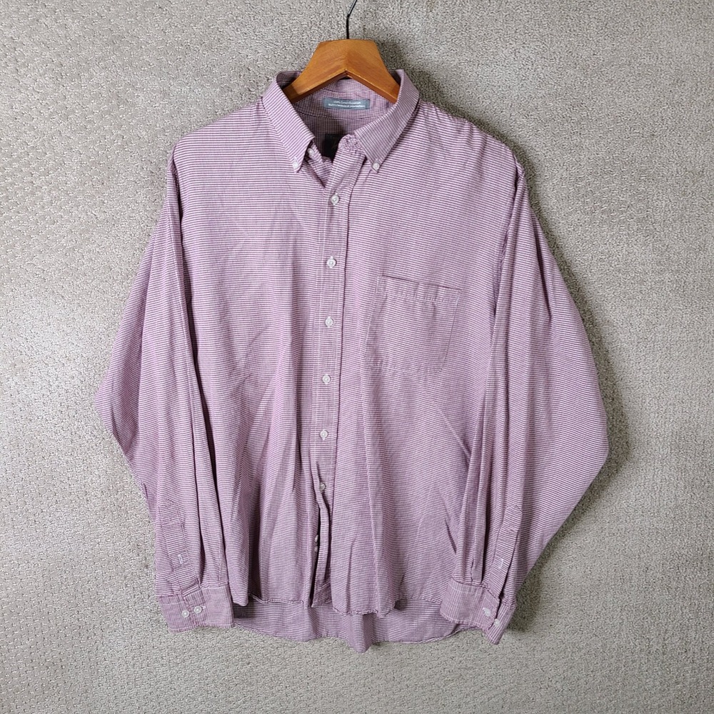 Lord & Taylor Shirt Mens 17 36/37 Burgundy White Check‎ Button Down Cotton